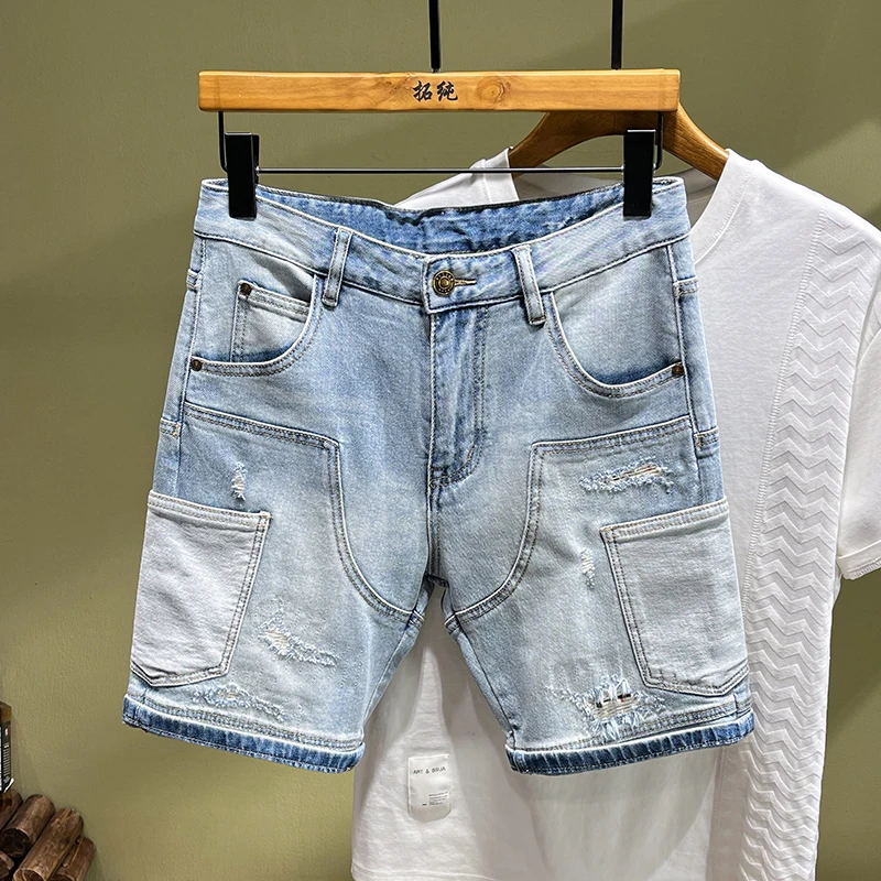 High-end needle sewing denim shorts patchwork appliqué Slim small straight leg pants Heavy embroidery gangster personality pants