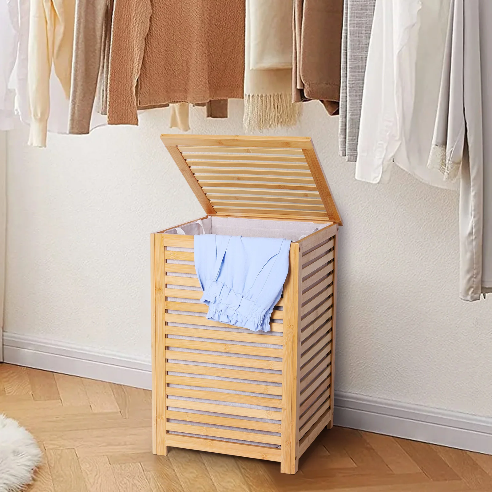 

Бамбуковая корзина для белья со съемным мешком-вкладышем, корзина для хранения грязной одежды, большая корзина для белья для домашнего использования