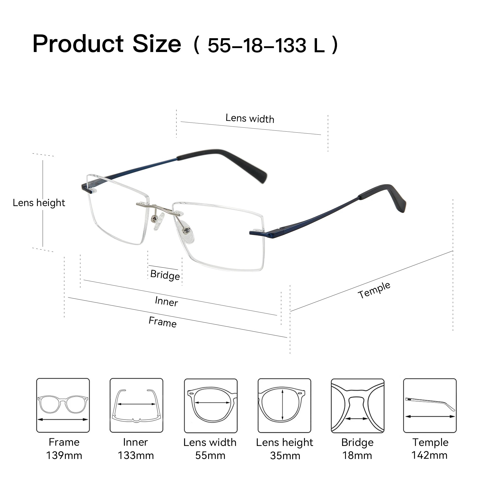 نظارات طبية بدون إطار مستطيلة معدنية من BLUEMOKY، عدسات بصرية تقدمية مضادة للضوء الأزرق للرجال مع وصفة فوتوكروميك #5