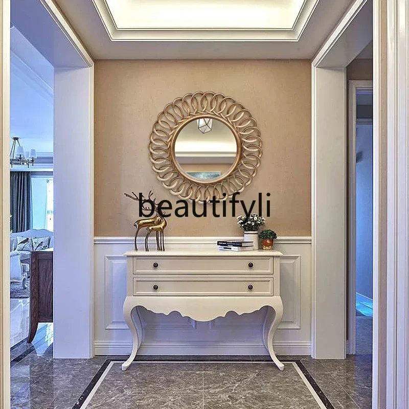 TTT  Sun Palace Entrance Living Room Fireplace Mirror Round Storefront Decorative Mirror European Retro Carved Mirror