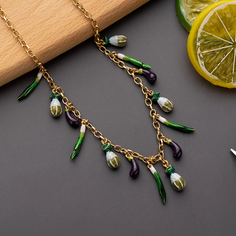 

Boho Choker Necklace For Women Green Resin Vegetable Purple Eggplant Lady Casual Party Jewelry Coquette Accessories