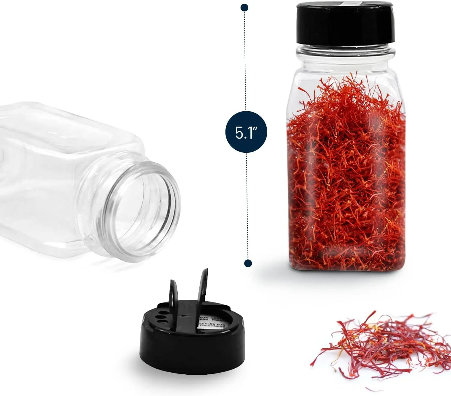 6 عبوات من برطمانات تخزين التوابل البلاستيكية الشفافة الآمنة سعة 9.5 أونصة مع أغطية شاكر ذات غطاء أسود