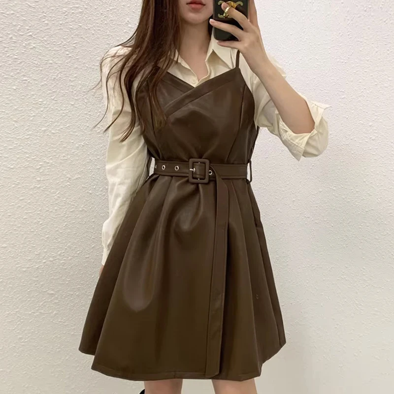 Chic Women Leather Dress Long Sleeve Shirt Splicing PU Suspender Dress Fake Two Piece A-line Short Dress Spring Hot Girl Dress