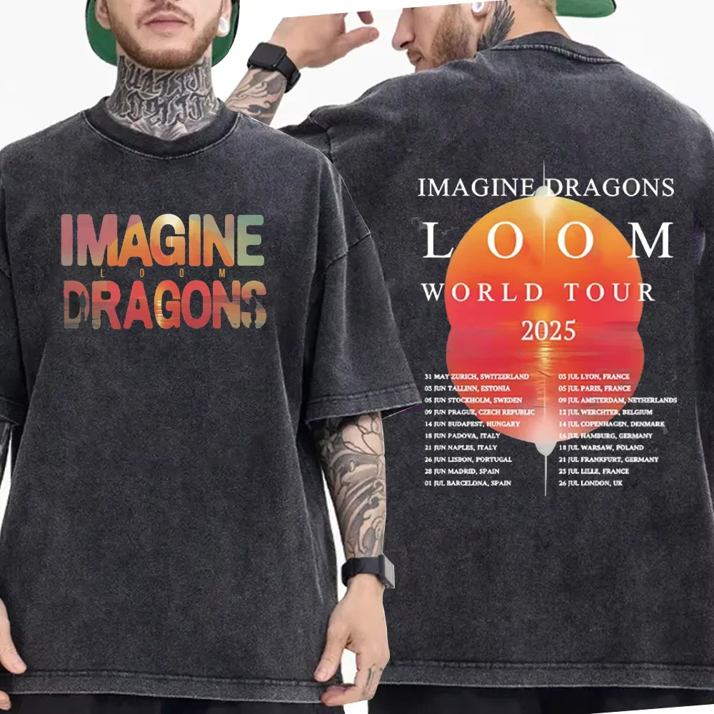 

Imagine Dragons Band Loom World Tour 2025 Summer Vintage 100% Pure Cotton Printed Washed T-shirt Men Fashion Hip Hop Cotton Y2k