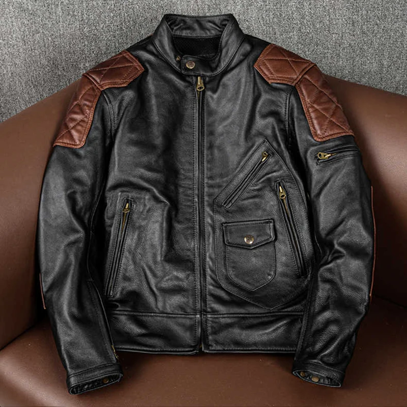 

New Leather Jacket Men's Top Layer Cowhide Motorcycle Riding Suit Can Add Protective Gear Windproof Fashion Leathers Coat