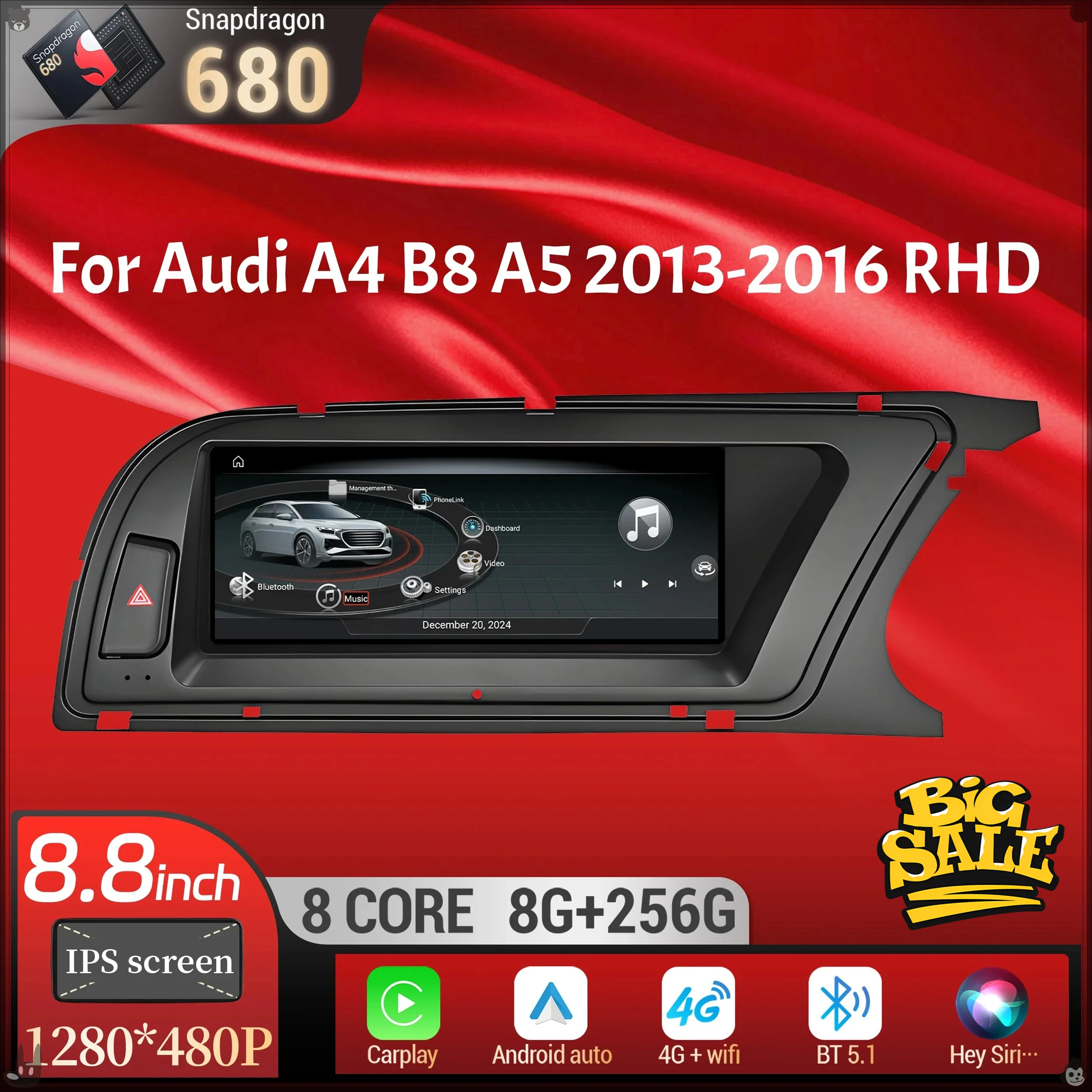 

8.8 inchFor Audi A4 B8 A5 2013-2016 Right Hand Drive Android 14 Car Radio Wireless Carplay Qualcomm Snapdragon 680 Touch Screen