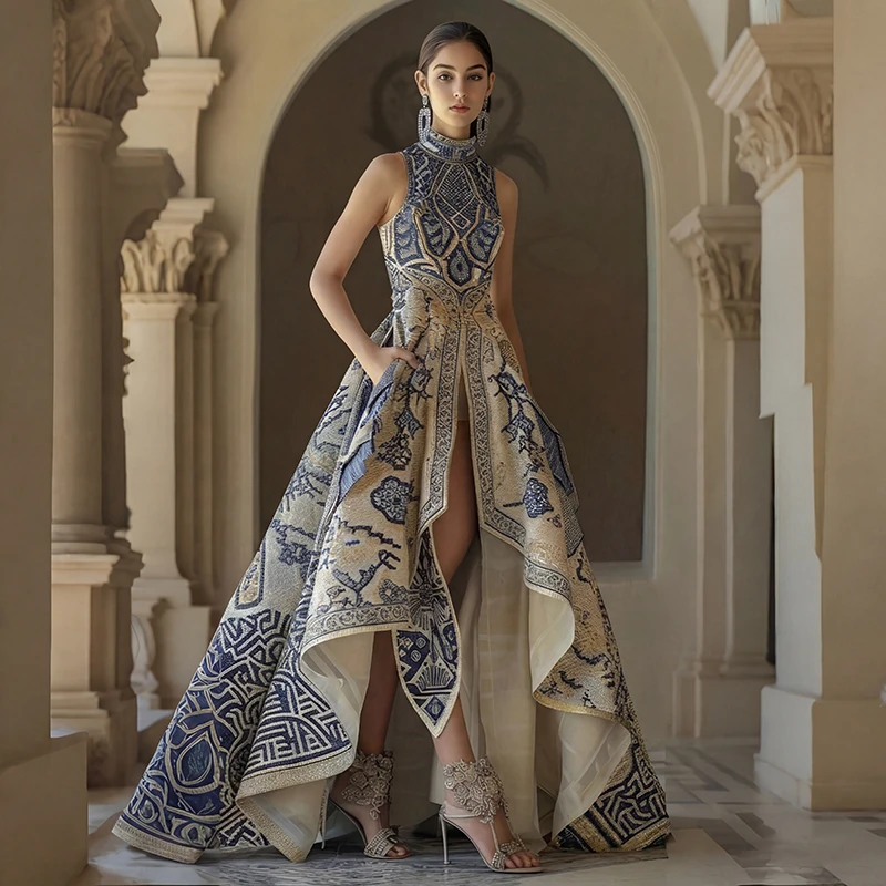 Women's High Neck Sleeveless Embroidered Evening Gown High Low Hem Formal Ball Gown Luxury Beaded Print Prom Party Dress