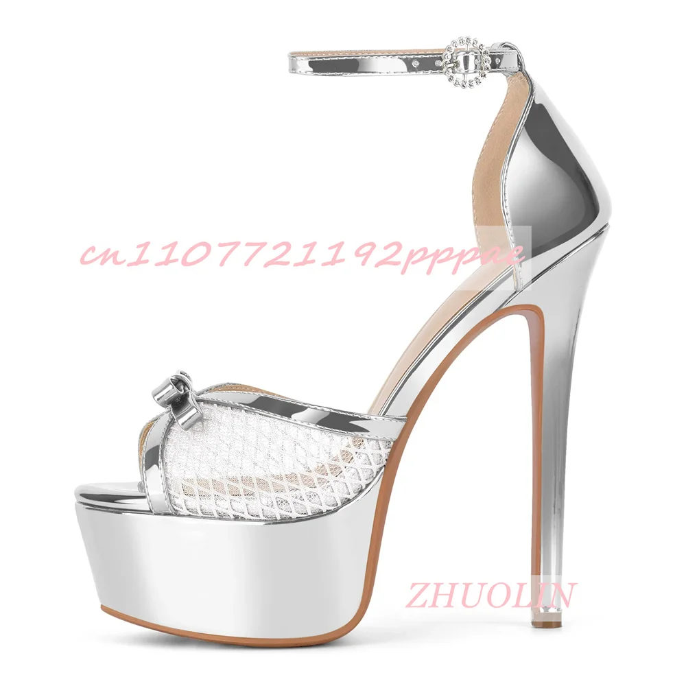 Summer Bow Silver High Heels Round Toe Stiletto Heels Buckle Strap Platform Shoes Luxury Dresses Party Wedding Sandals Women 46