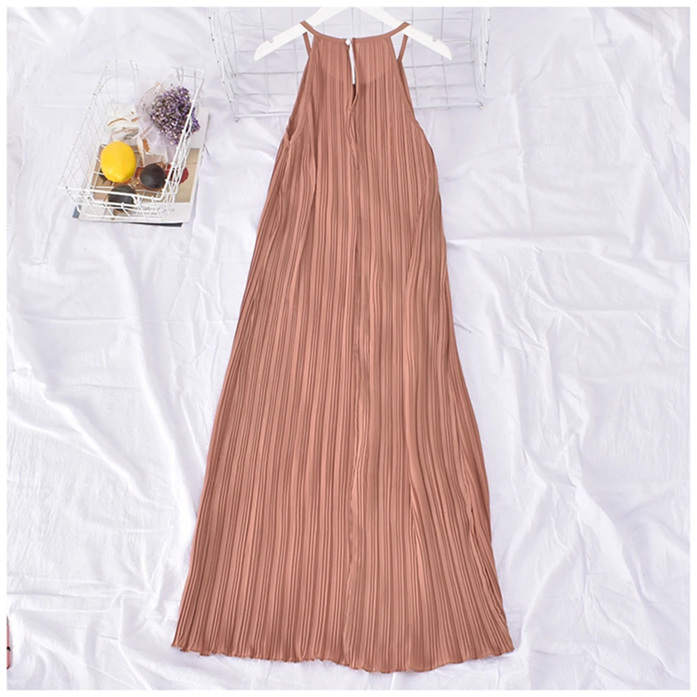 2022 Summer Casual Loose Pleated Dress Women Sleeveless Straps Robes Party  Sundress Ladies Fashion O Neck Retro Long Dresses