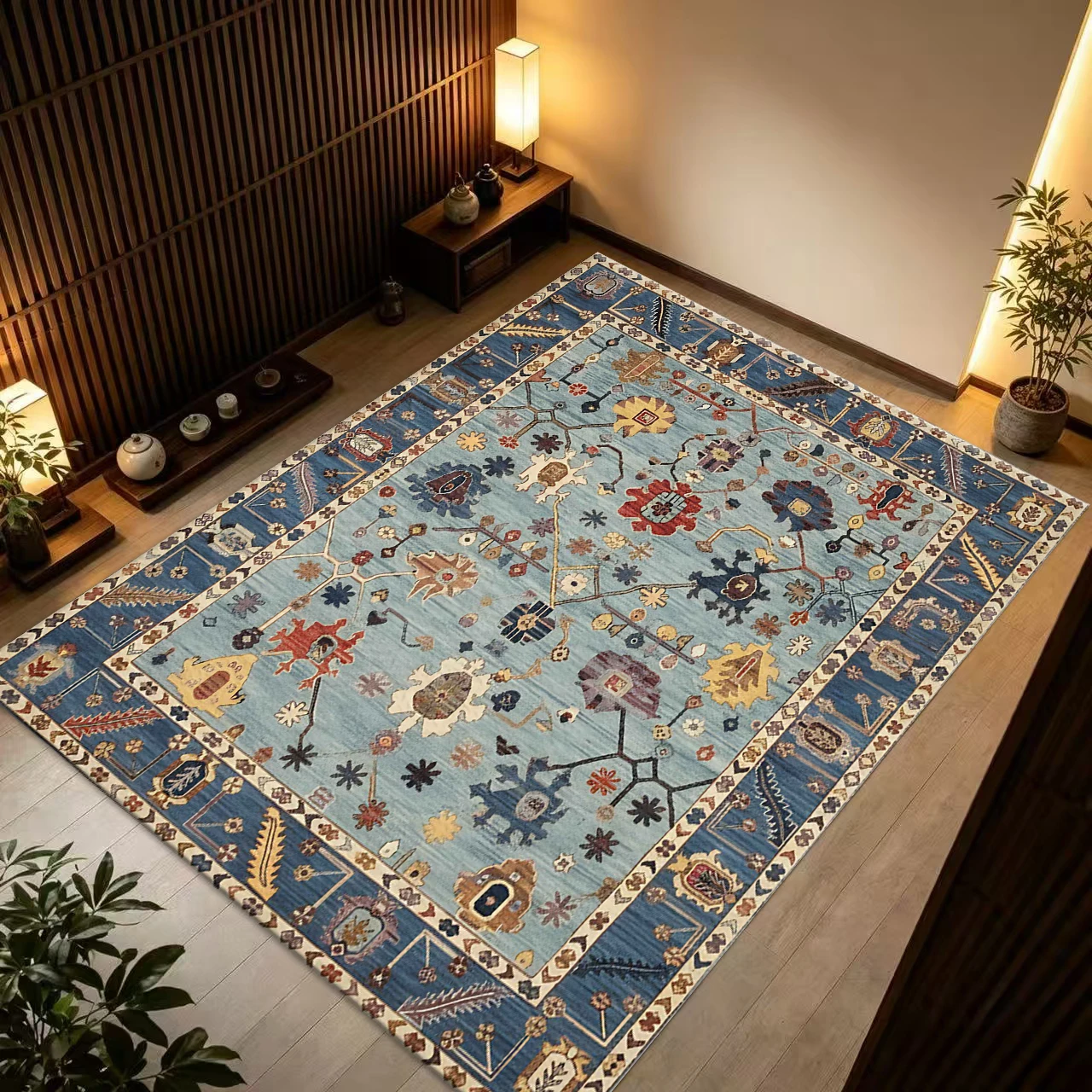 Blue Bohemian Floral Oriental Square Rug Non-Slip Ethnic Style Floor Mat for Living Room Bedroom Home Decoration