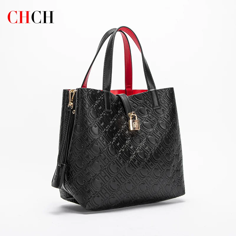 CHCH Crossbody Bag 2025 New PU Steel Print Embossed Mother and Child Shopping Bag Strap Detachable Black Wallet