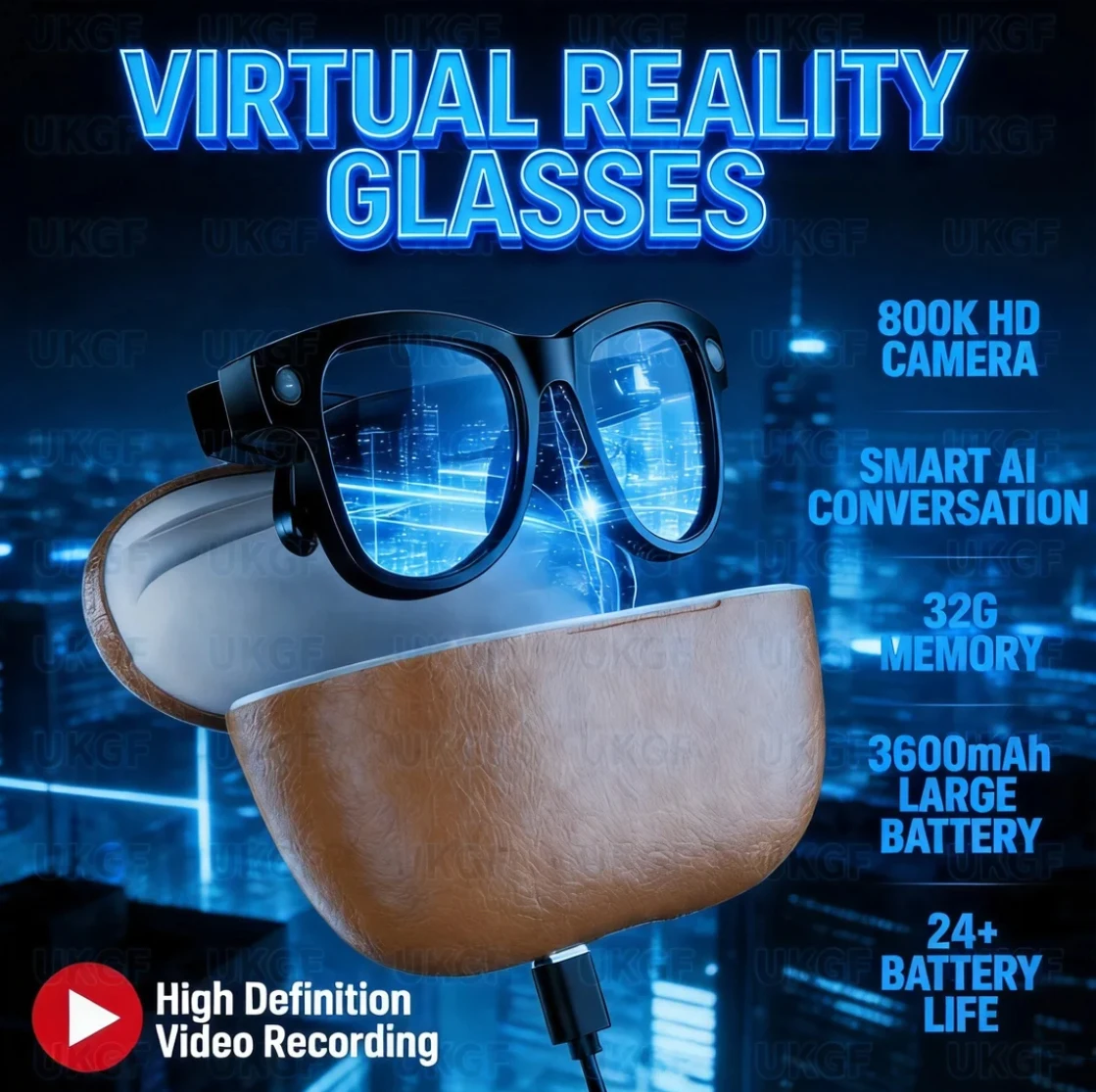 2026년형 새로운 스마트 AI 안경, 8MP 카메라, 3600mAh 충전 케이스(보조배터리), 1080P HD ChatGPT, 32GB 번역 기능, 비디오 선글라스