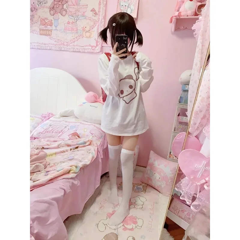 Spring Subculture Sweet Cute Panda Print Top Loose Long-sleeved Shirt Woman Harajuku Cartoon Casual Y2k White 2024 Shirts