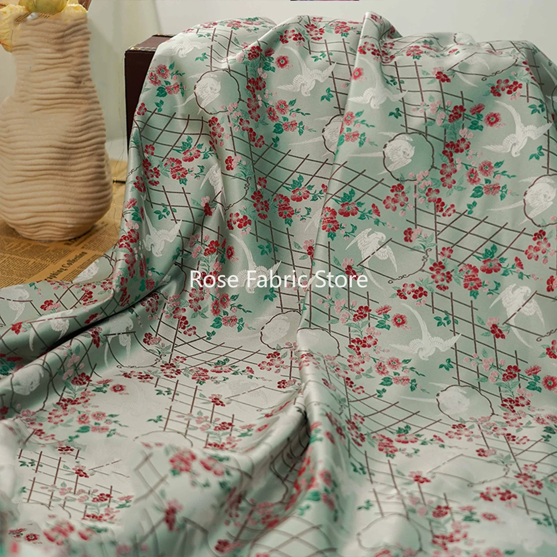 

1 метр, 1 метр, элегантная жаккардовая ткань с птицами и цветами, женское платье Cheongsam Hanfu, декоративная швейная ткань