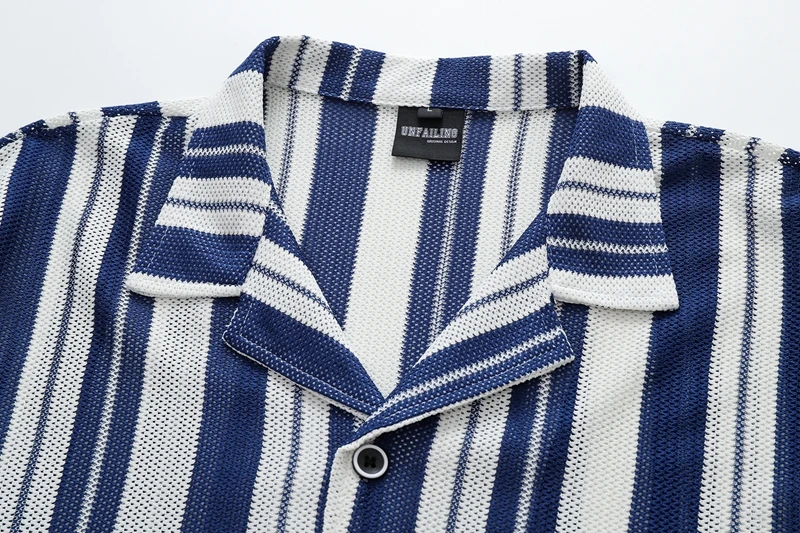Retro Blau-Weiß Gestreifte Netzstrick-Hemden für Herren Ausgehöhlte Kurzarm-Strickjacke Sommer Hawaiianische Strandhemden Lässige Übergrößen-Hemden – Detail 7