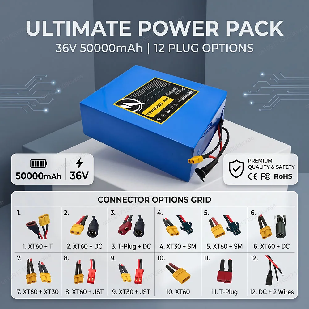 Super Capacity 36V 50Ah E-Bike Lithium Battery 10S8P 80PCS 21700 Cells with BMS for Escooter Electric Bicycle for Fiido Motor