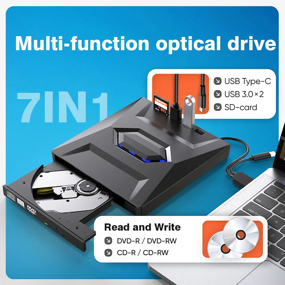 

External CD/DVD Drive USB 3.0 Type C with TF/SD Card Port DVD Burner Optical Drive for Laptop Desktop Mac Windows 11/10/8