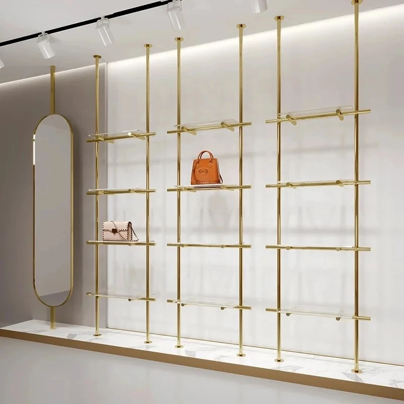 custom.Fashion Bag Shop Interior Design Furniture Handbag Display Fixture Custom Shoes Wall Display Rack Shelves Women