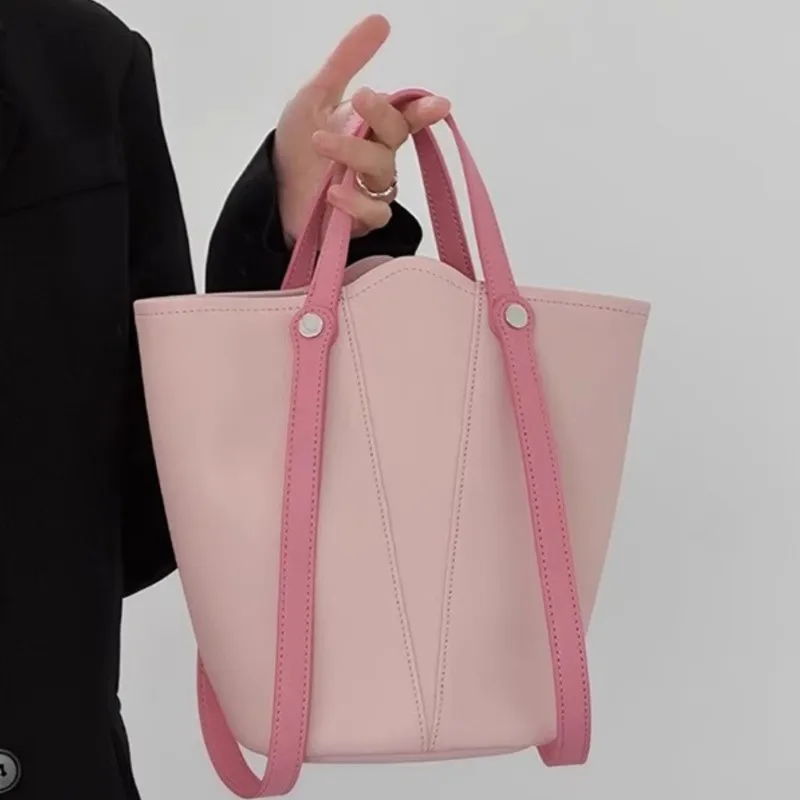 

Розовая нишевая дизайнерская ручная сумка-ведро, женская кожаная сумка-тоут большой вместимости, женская модная повседневная сумка на плечо, новинка