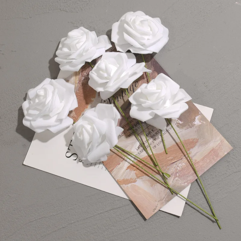 

50pcs/pack Rose Simulation PE Rose White Stem Foam Red Head Wedding Home DIY Handmade Party Birthday Wedding Wall Decoration