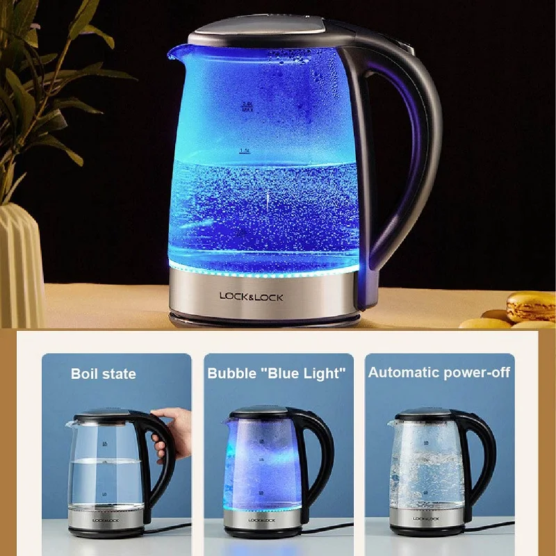 Hervidor de agua eléctrico de 1500W para el hogar, tetera de vidrio de luz azul de 2L, hervidor rápido para oficina, gran capacidad, apagado automático, 220V