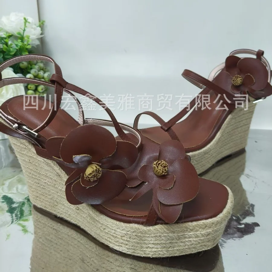 

3D Flower Espadrille Wedge High Heel Sandals Women Gold Brown Leather Lace Up Ankle Strap Platform Summer Beach Shoes Size 41