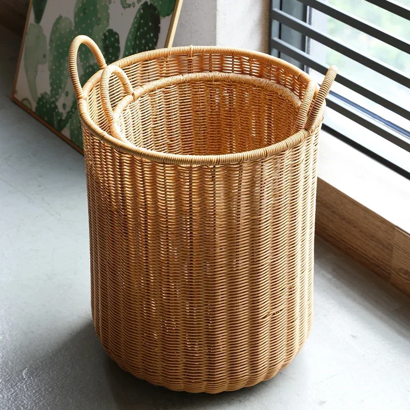 Nordic Style Large Dirty Clothes Basket, Circular, Living Room, Book and Newspaper Storage Bucket, Plastic Rattan Warehouse Rack