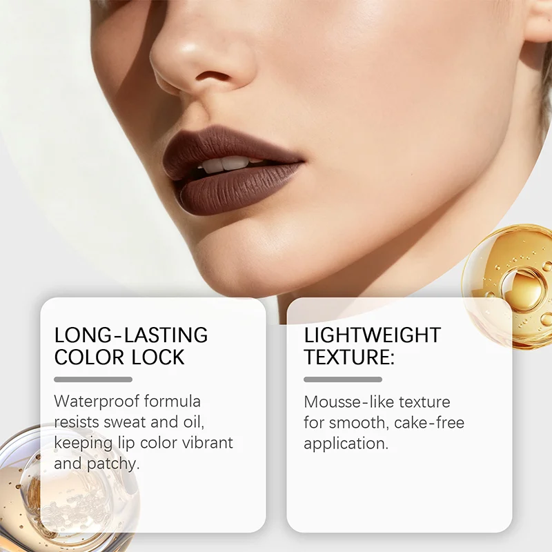 ลิปกลอสเนื้อแมทท์เนียนนุ่ม ให้ความชุ่มชื้น ติดทนนาน กันน้ำ กันเหงื่อ ไม่ซีดจาง ลิปกลอสผสมมิเนอรัลออยล์