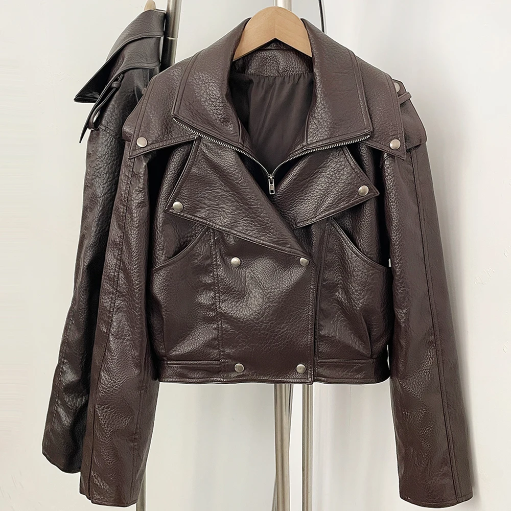 OFTBUY Damen Kunstleder Kurze Motorradjacke Neue Herbst Vintage Punk Kleidung Oberbekleidung Asymmetrischer Reißverschluss PU Bikerjacke Damen – Detail 13