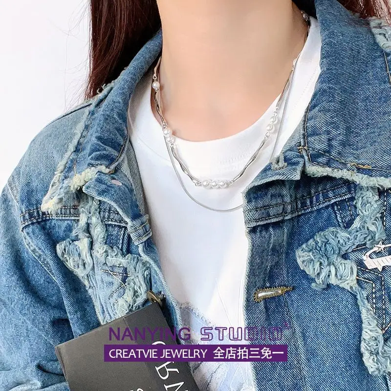 NANYING Double-Layer Line Pearl Necklace For Women With A Niche Design, Simple And High-End Feeling, Collarbone C, Sweater