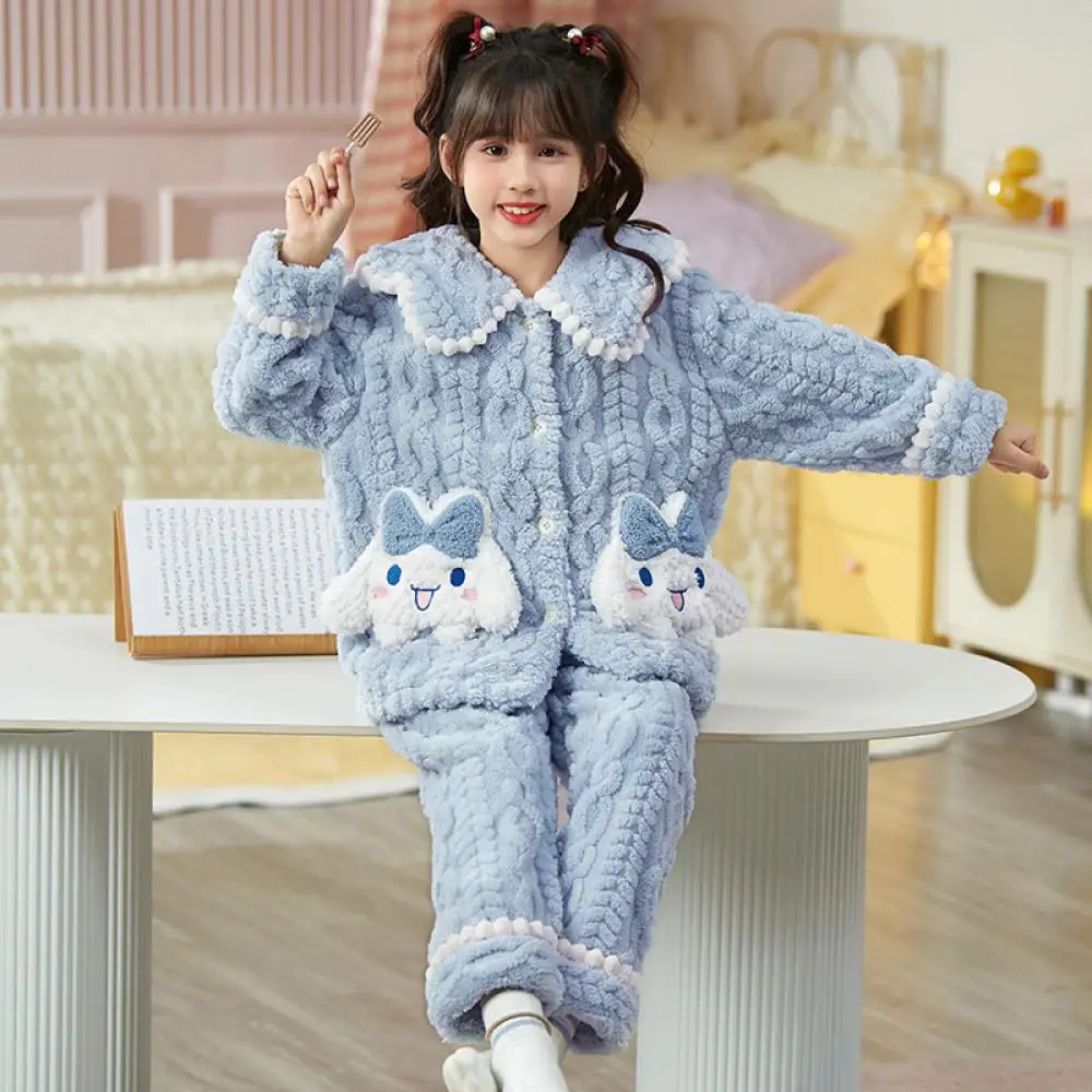 

2Pcs Cute Winter Cinnamoroll Kuromi Children Plush Pajamas Cardigan Pants Set Anime Sanrio Cartoon Girls Warm Homewear Nightwear