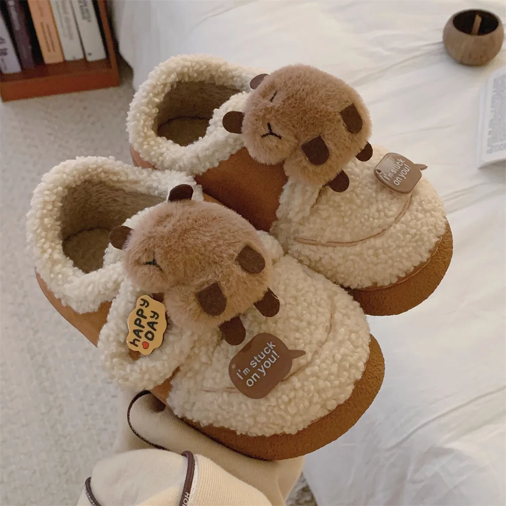 Cute Lamb wool Plush Slippers for Women 2024 Winter Warm Faux Fur Home Shoes Woman Thick Sole Non Slip Indoor Fluffy Slippers