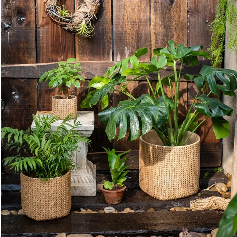 

Retro Large Plant Container Imitation Rattan Weaving Cement Flower Pot Balcony Green Plant Pot Bottom Drainage Hole Garden Pots