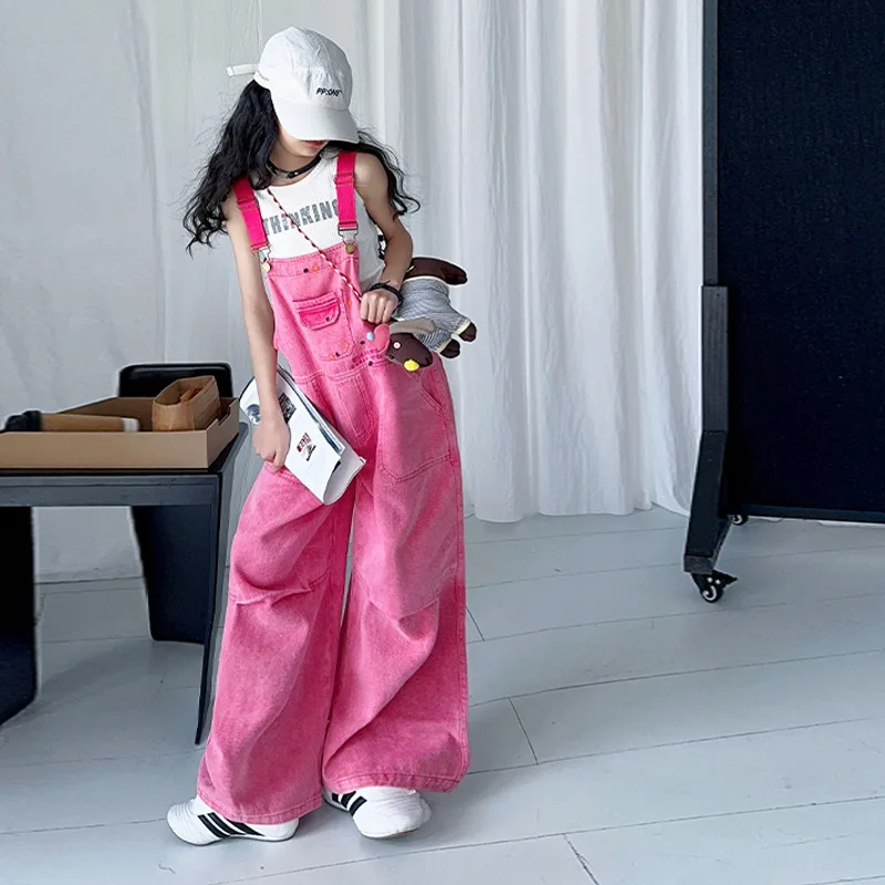 New Kids Pink Denim Dungarees Bib Jeans for Teens Girls Casual Suspender Jumpsuit Child Fashion Jeans Overalls 5 7 9 11 13 14Y