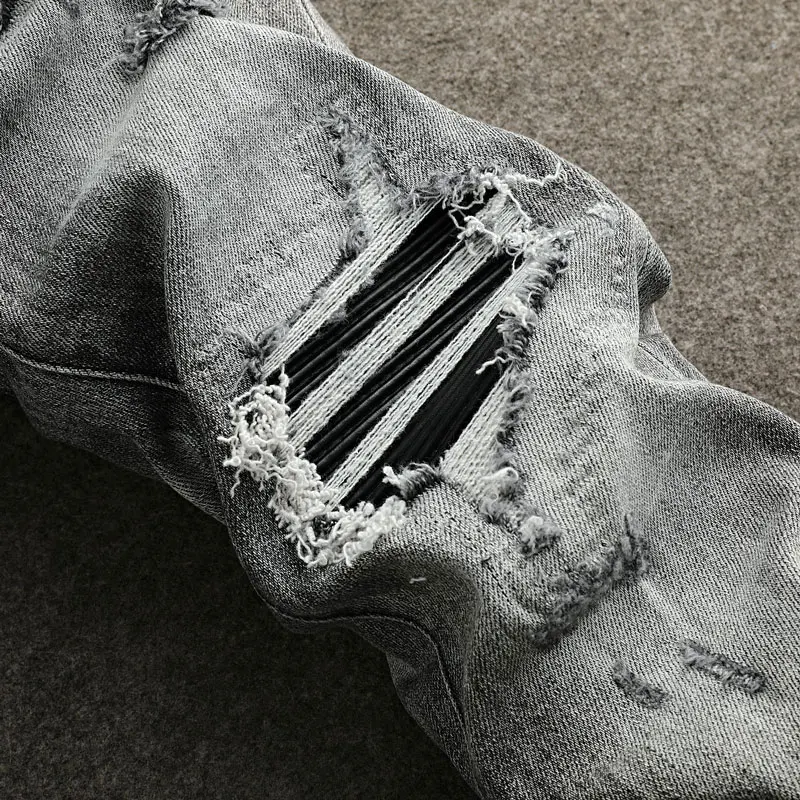 High Street Fashion Men Jeans Retro Gray Stretch Skinny Fit Leather Patched Ripped Jeans Men Brand Designer Hip Hop Denim Pants