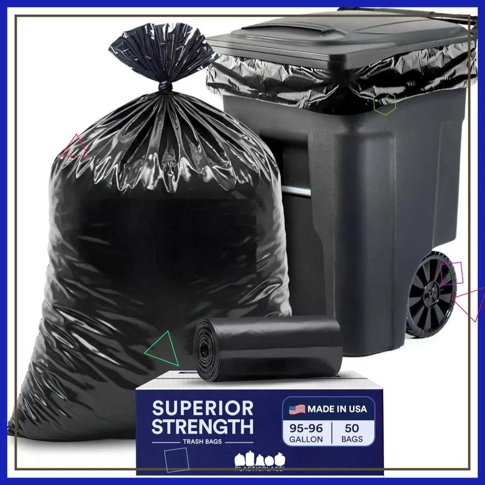

95-96 Gallon Heavy Duty Trash Bags, Puncture-Resistant, Leak-Proof, Fits Rollaway Cans & Drums (50 Count)
