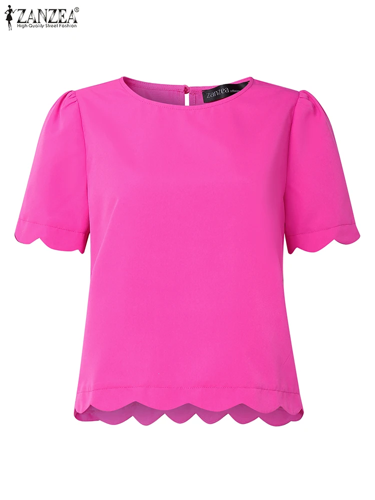 2025 ZANZEA 여성용 튜닉 엘레강스 웨이브 밑단 오피스룩 여름 숏 퍼프 소매 솔리드 패션 셔츠 블라우스