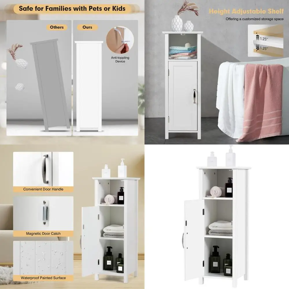 

White Slim Freestanding Storage Cabinet with Adjustable Shelves for Bathroom, Living Room, and Office