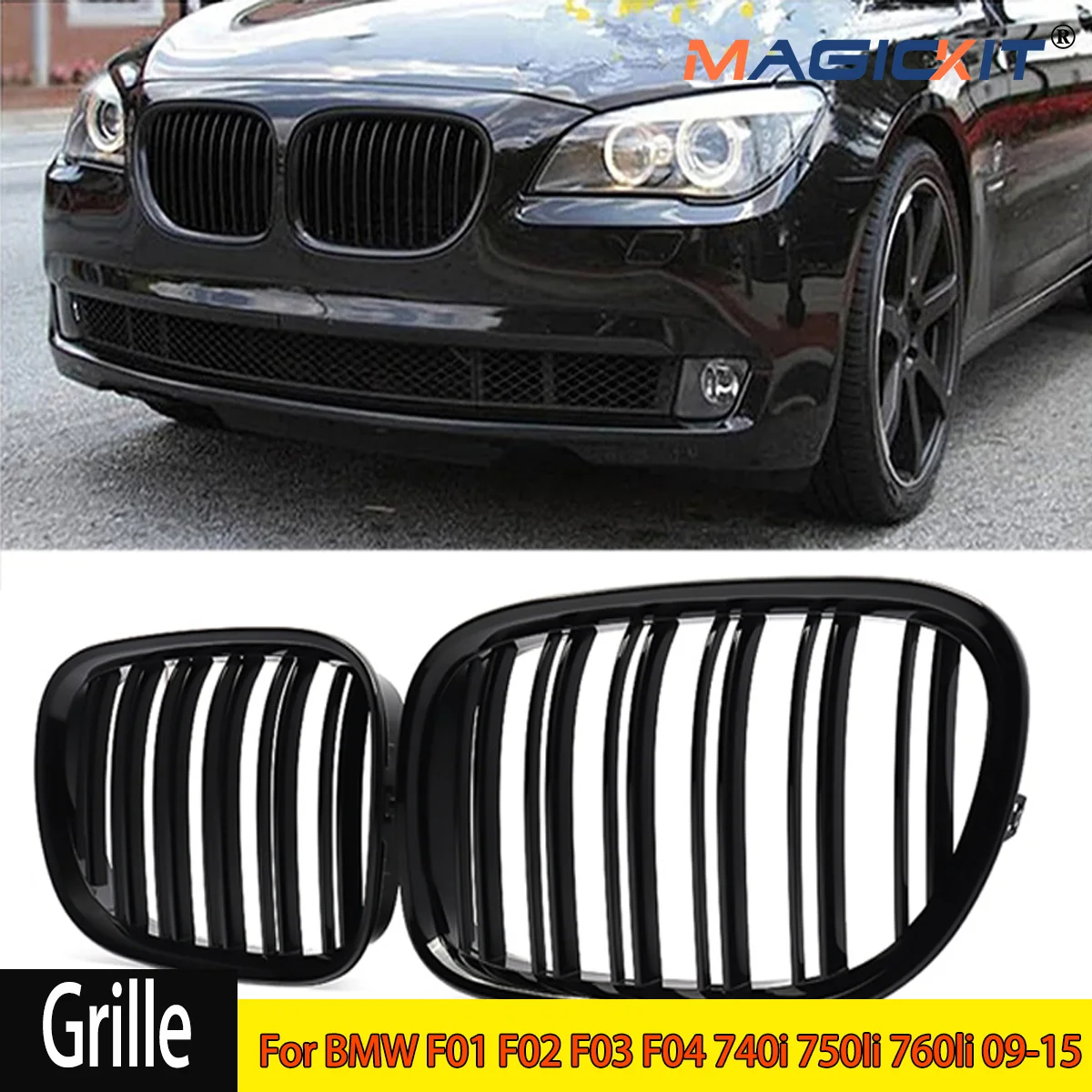 

MagicKit передний бампер для почек, центральная гоночная решетка с двумя планками для BMW F01 F02 740i 750li 760li 2009-2015, глянцевый черный