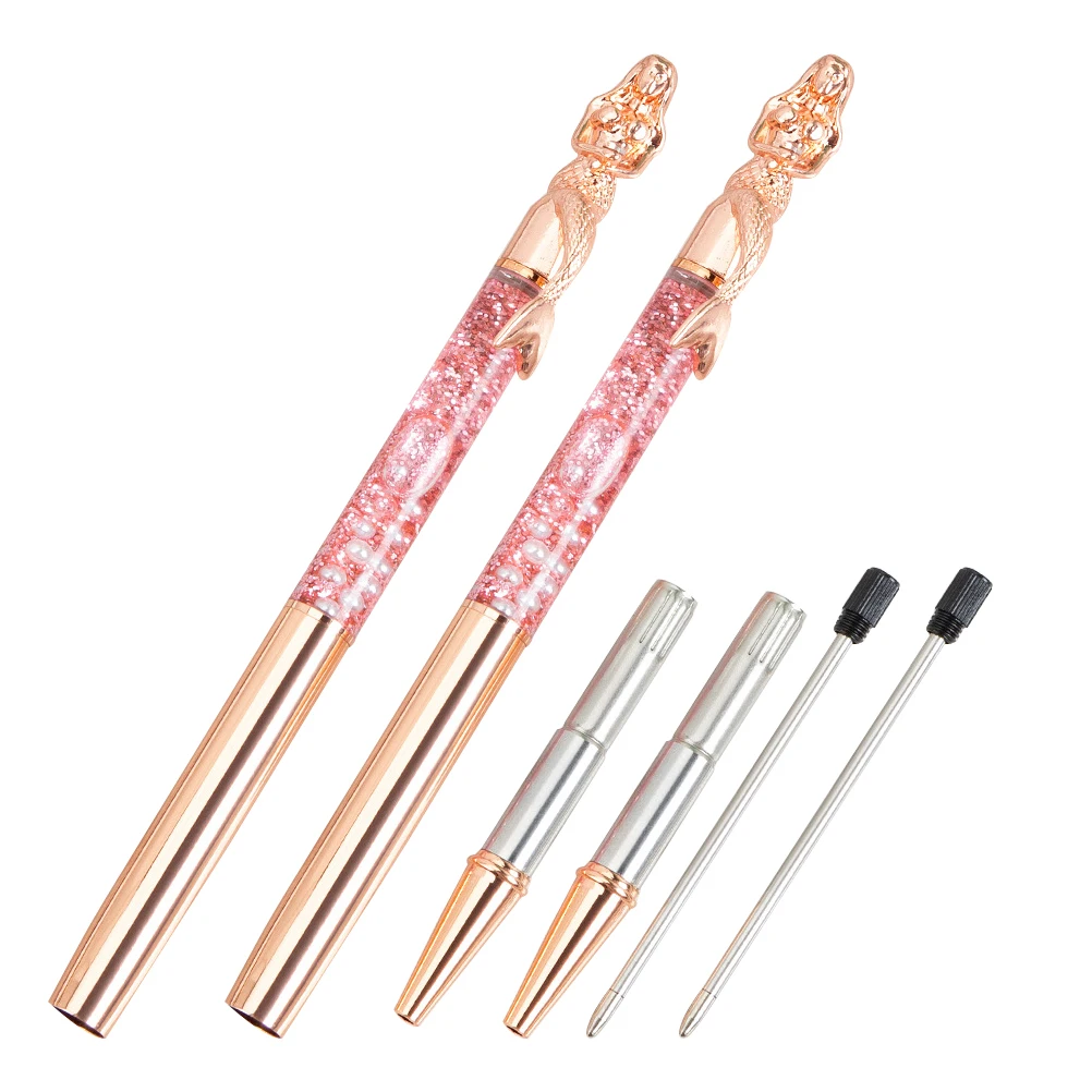 

2 Pcs Metal Gold Powder Ballpoint Pens Mermaid Shape Rose Gold Finish Portable Writing Supply Stationery Gifts