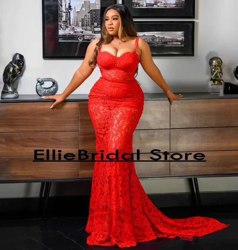 Formal Red Lace Evening Dresses Sleeveless Modest Mermaid Wedding Party Dress Guests robe de soirée Customized