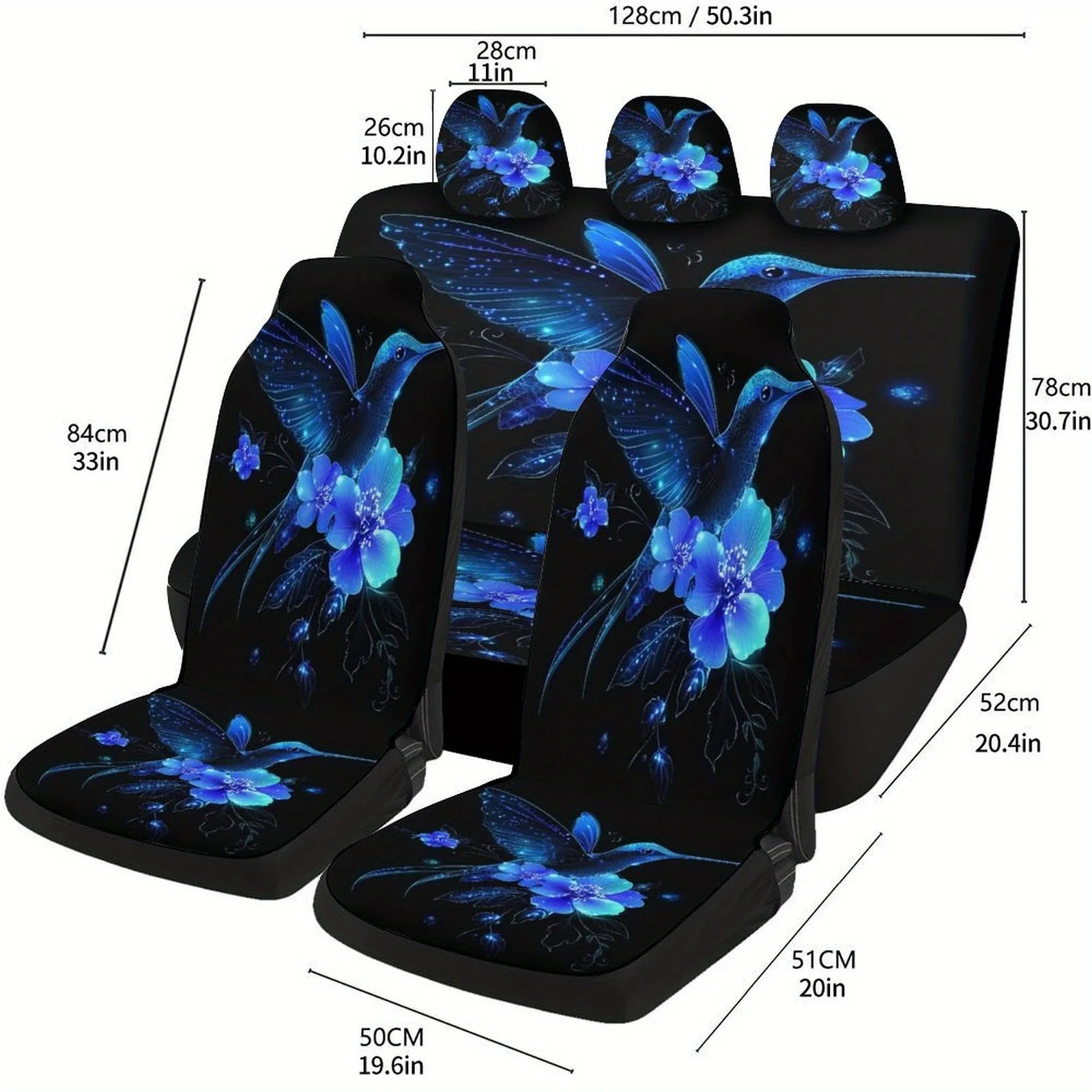

Blue Hummingbird Car Seat Cover Set - Stylish Polyester Full Set For Front & Rear Seats, Machine Washable, Fits Most Cars, Front