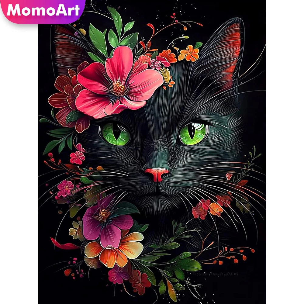 Momoart Black Cat Diamond Painting Animal Suitable for Beginners DIY Full Square Round Diamond Mosaic Flower Home Decoration