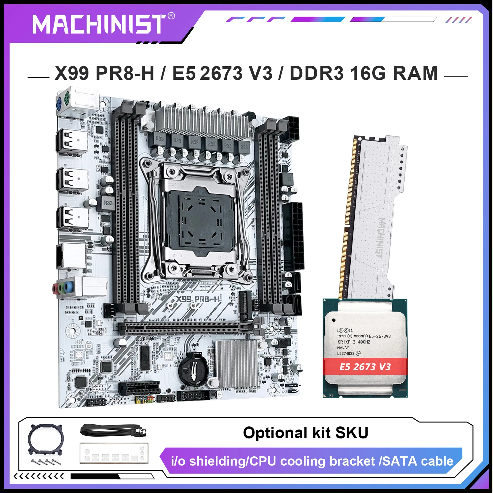 

MACHINIST White X99 PR8-H Motherboard Kit Set With Intel LGA2011-3 Xeon E5 2673 V3 CPU DDR3 16GB 2400MHz ECC RAM NVME M.2 SATA
