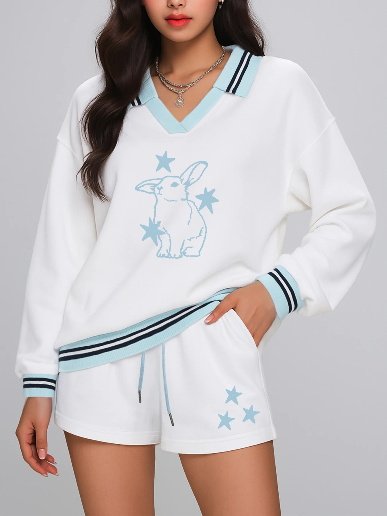 American college style casual suit for women autumn sports lapel long-sleeved sweatshirt  drawstring shorts two-piece suit