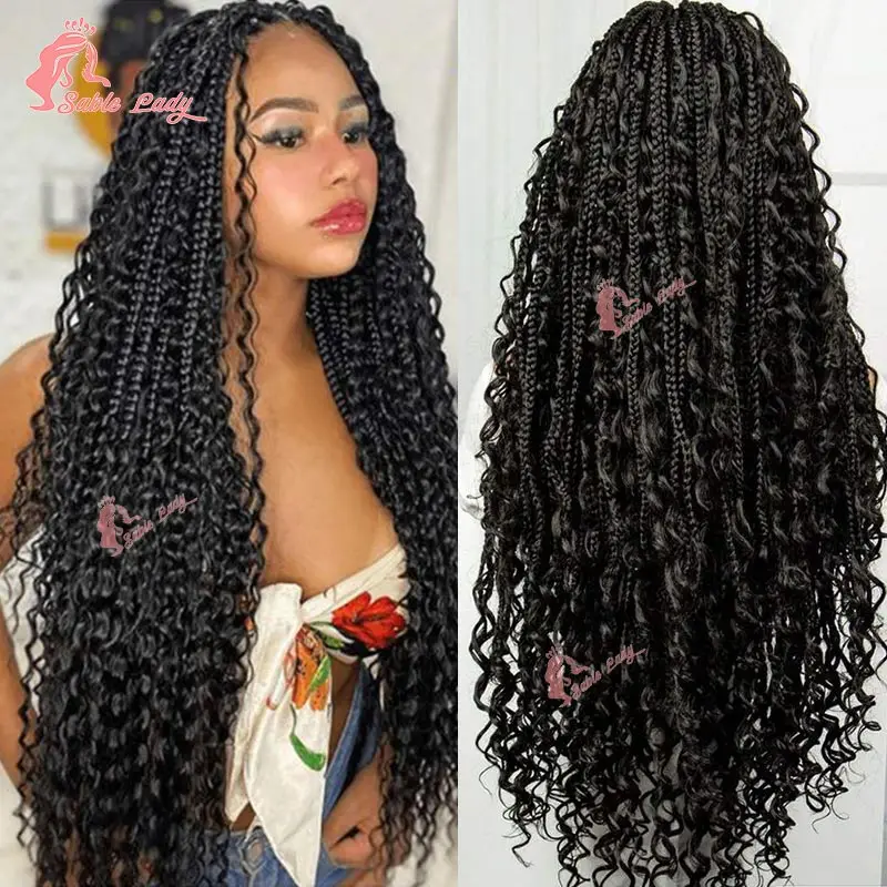 Boho Box Braided Wigs Curly Hair Synthetic Bohemian Full Lace Front Wigs for Black Women Goddess Faux Locs Braids Lace Wig