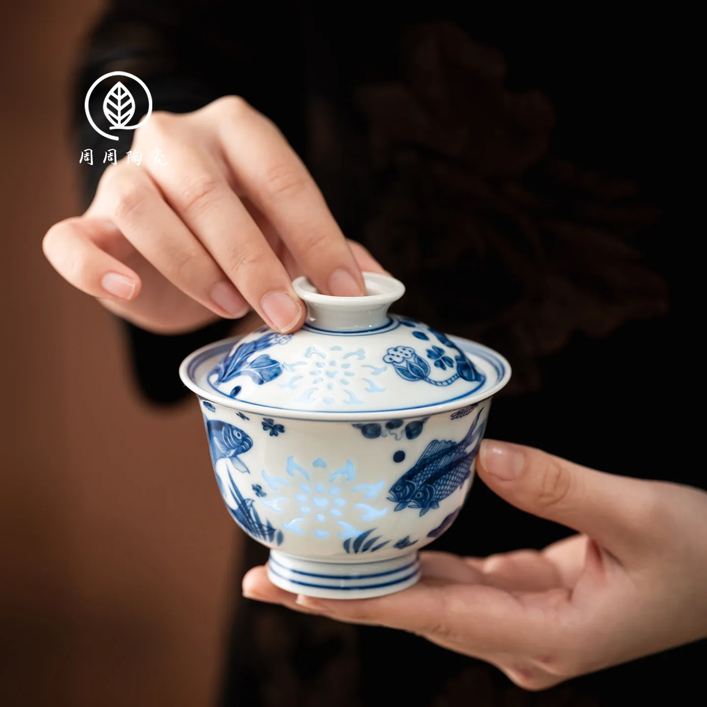 High-End Jingdezhen Blue and White Fish Algae Pattern 2 Tureen Not Hot Tea Brewing Bowl Household Ceramic Cup