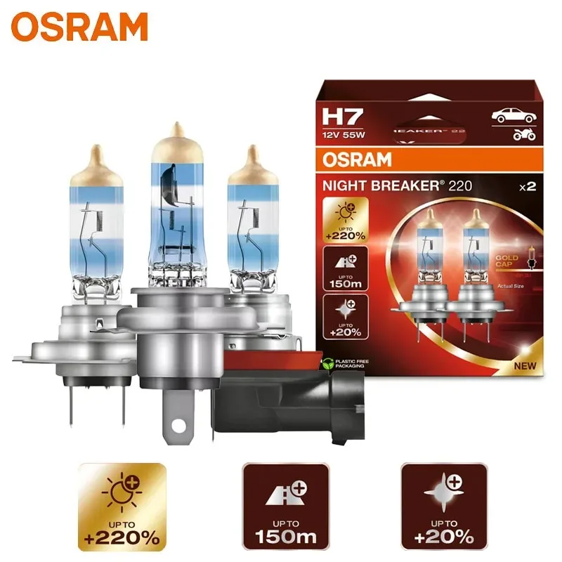Lâmpada Halógena Genuína OSRAM Night Breaker 220 H4 H7 H11 12V 55W para Farol, Alemanha +220% Mais Brilho +150m Feixe Longo Ultra Brilhante 2X