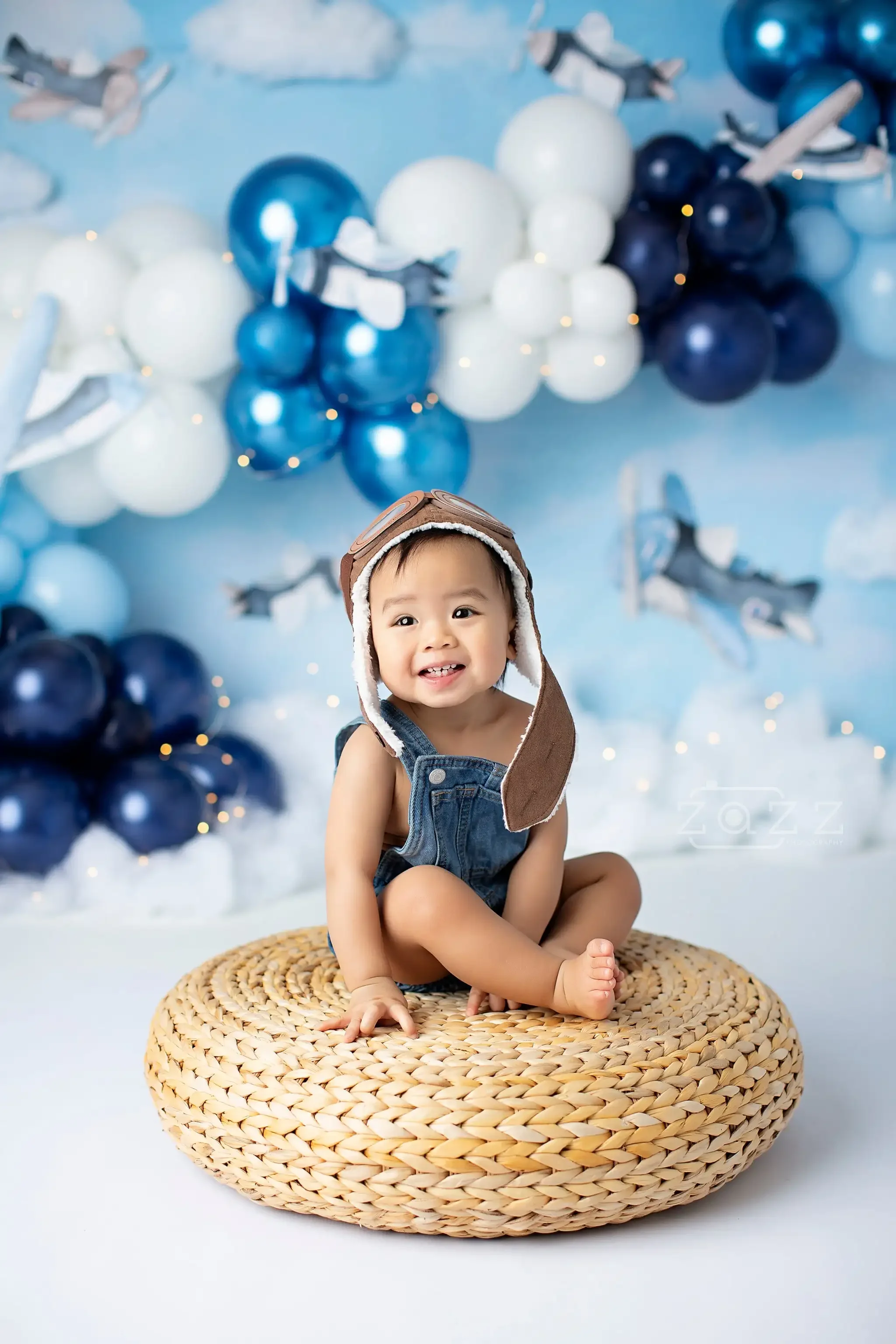 Blue Taking Flight Plane Backdrops Kids Boy Birthday Cake Smash Photocall Decors Child Baby Photo Balloons Pilot Backgrounds