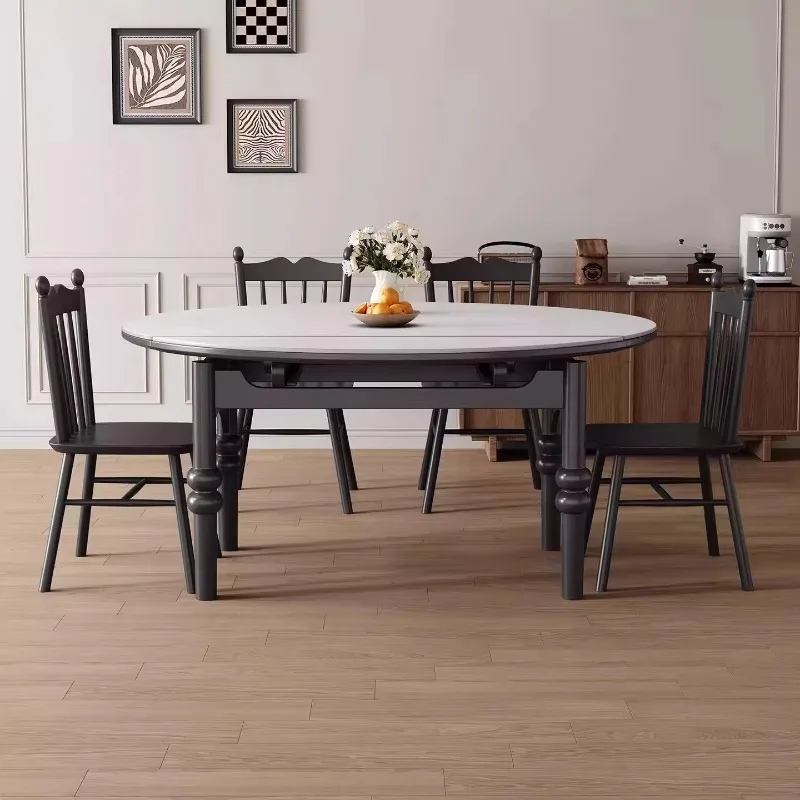 

Extendable Round Dining Table Sintered Stone Kitchen Table Mid-Century Modern Expandable Dining Room Furniture For Small Spaces